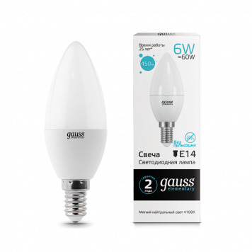 Лампа Gauss LED Elementary Candle 6W E14 4100K 1/10/50 Свеча