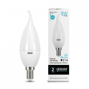 Лампа Gauss LED Elementary Candle Tailed 8W E14 4100K 1/10/50 Свеча на ветру