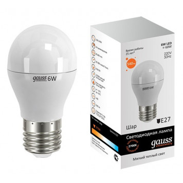 Лампа Gauss LED Elementary Globe 6W E27 3000K 1/10/50 Шар