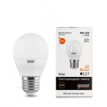 Лампа Gauss LED Elementary Globe 8W E27 2700K 1/10/50 Шар