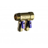 Коллектор с шаровым краном 3/4"х16 - 2 выхода красный+синий латунный TIM  200-3/4-16(2)