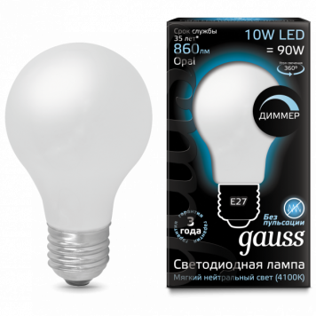 Лампа Gauss LED Filament A60 OPAL dimmable E27 10W 4100K