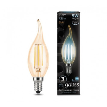 Лампа Gauss LED Filament Candle tailed E14 5W 4100K Golden 1/10/50 Филамент свеча на ветру